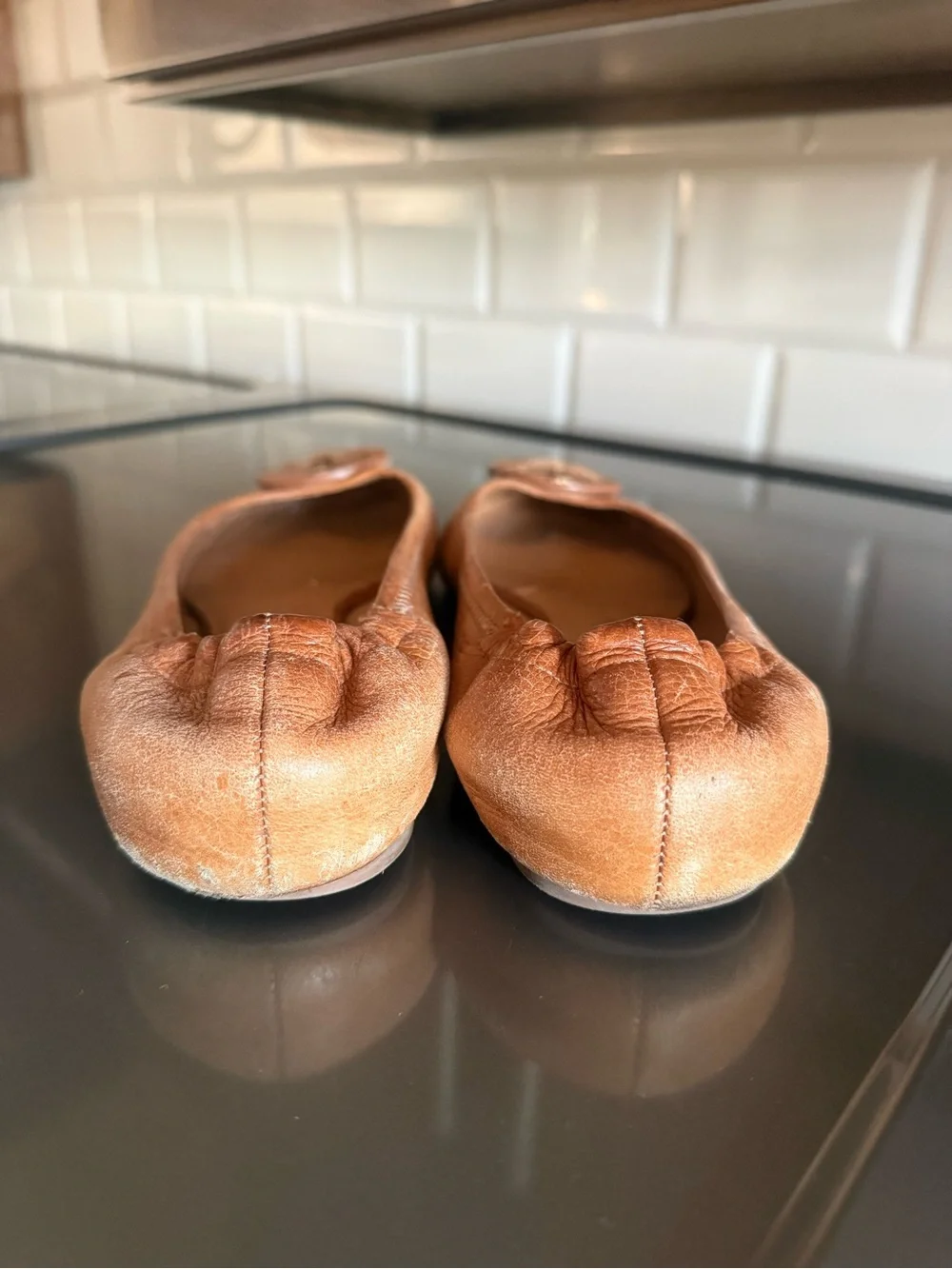 Tory Burch Girls Brown Leather Logo Ballet Flats